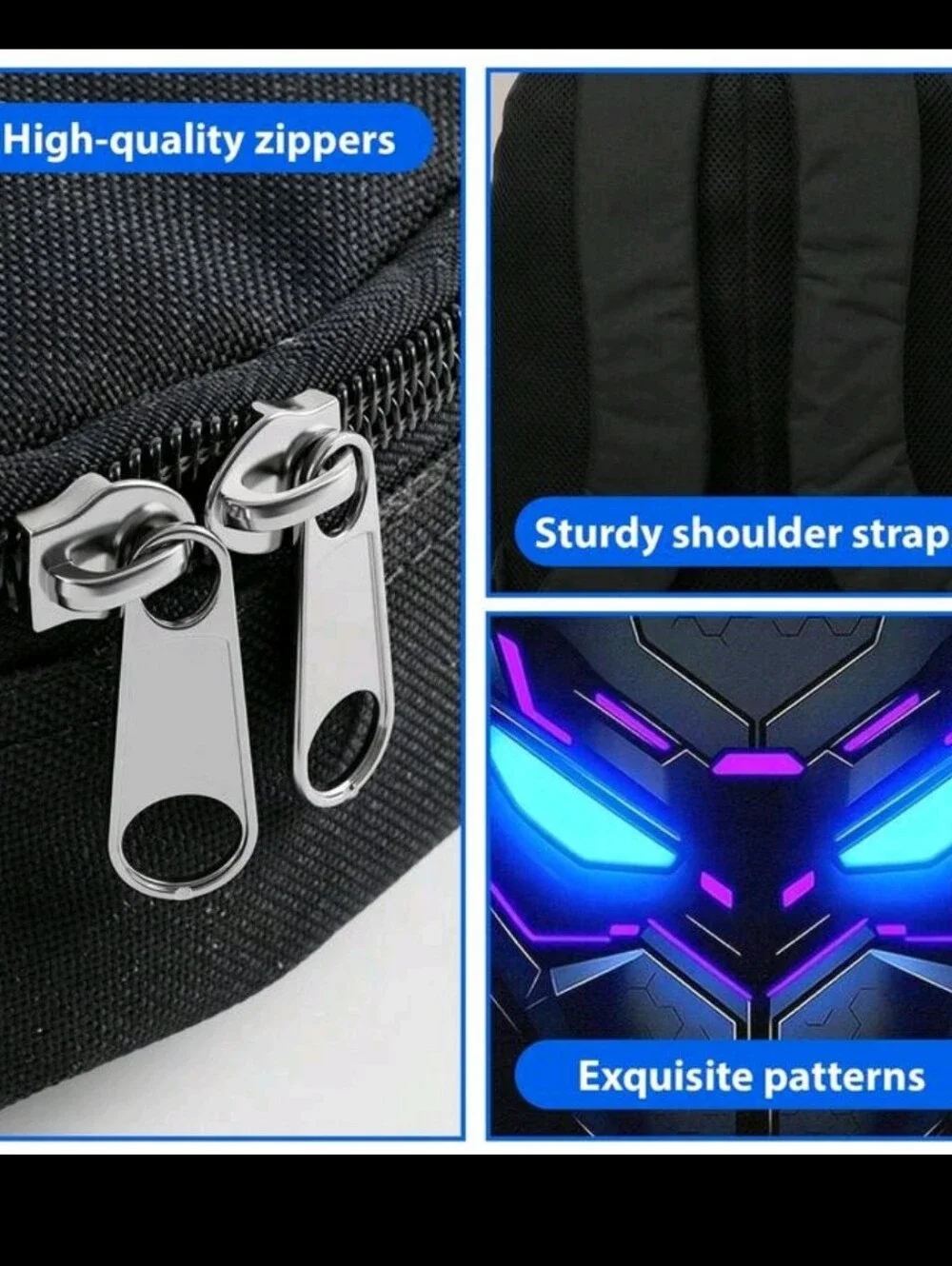 Men's Black Tech-Print Backpack Set with Blue & Purple Accents